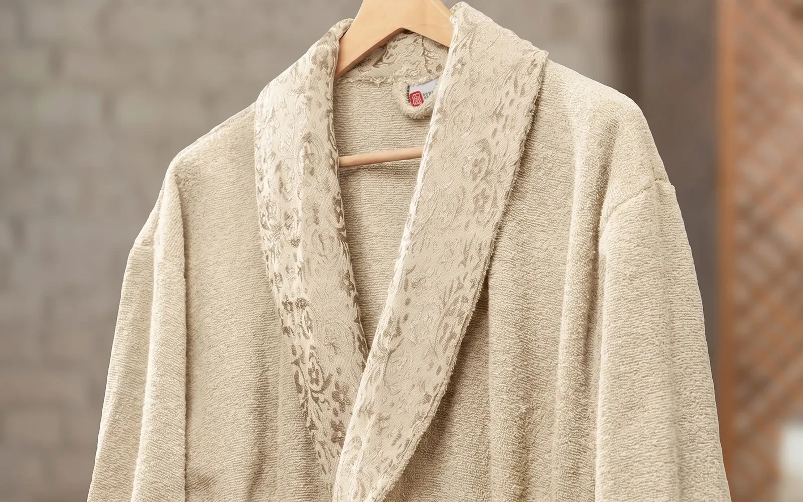 Al Saad Home Unisex Cotton Boucle Jacquard Luxury Bathrobe Set 6 PCS - Off White & Beige