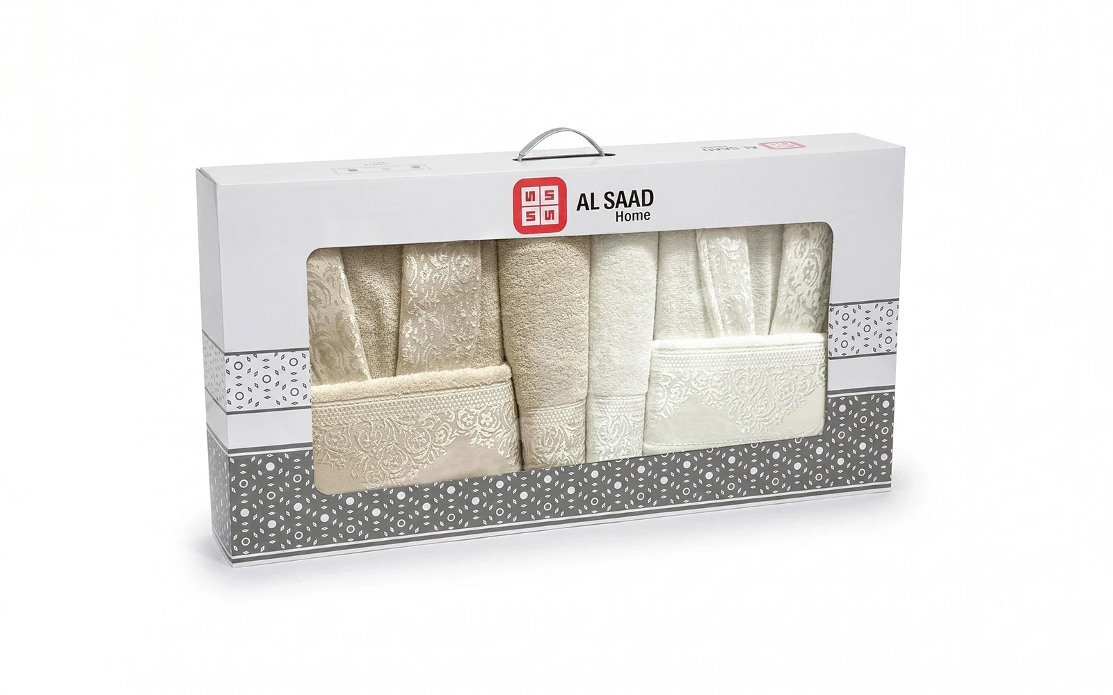 Al Saad Home Unisex Cotton Boucle Jacquard Luxury Bathrobe Set 6 PCS - Off White & Beige