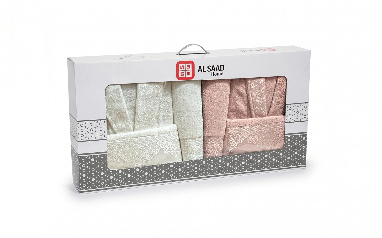 Al Saad Home Unisex Cotton Boucle Jacquard Luxury Bathrobe Set 6 PCS - Off White & Pink