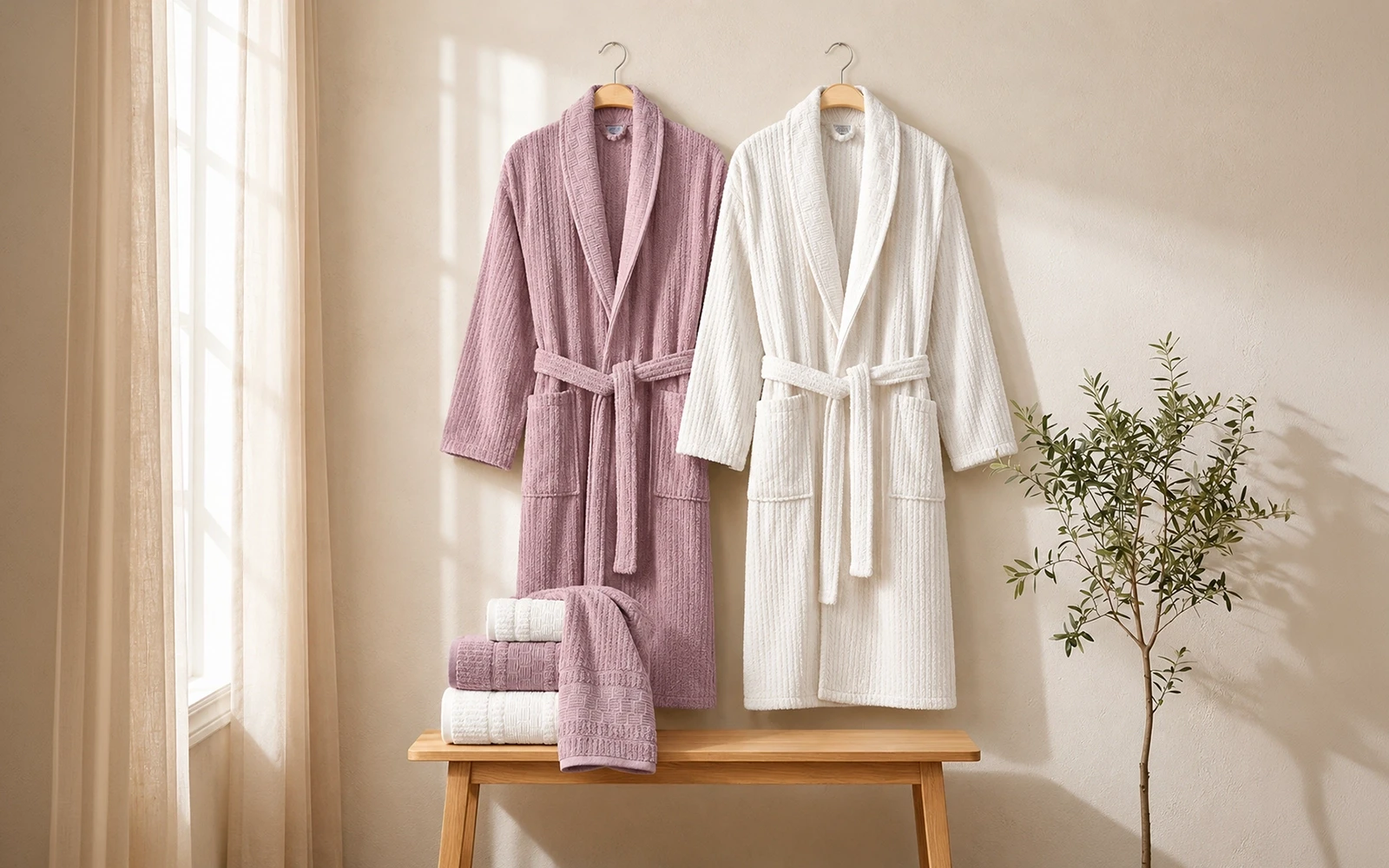 Al Saad Home Unisex Cotton Luxury Crinkle Jacquard Bathrobe Set 6 PCS - Off White & Pink