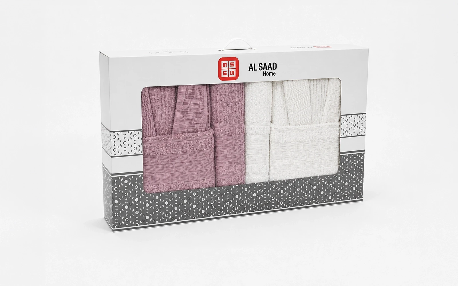 Al Saad Home Unisex Cotton Luxury Crinkle Jacquard Bathrobe Set 6 PCS - Off White & Pink