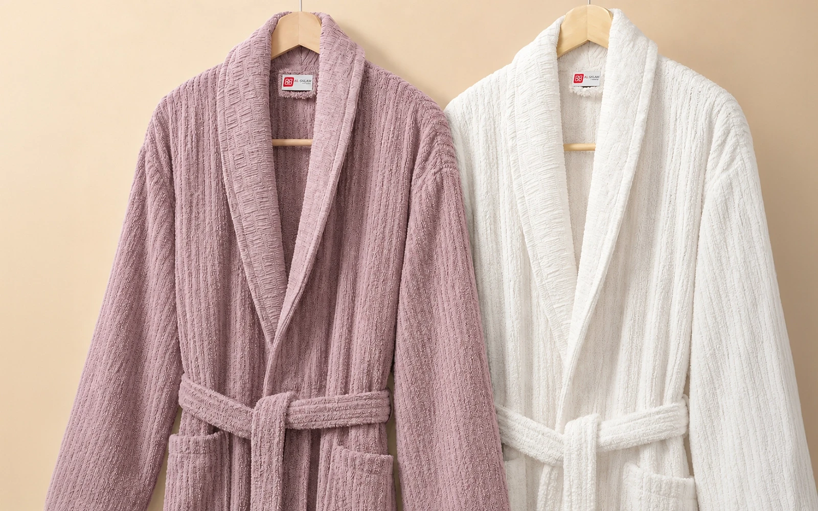 Al Saad Home Unisex Cotton Luxury Crinkle Jacquard Bathrobe Set 6 PCS - Off White & Pink