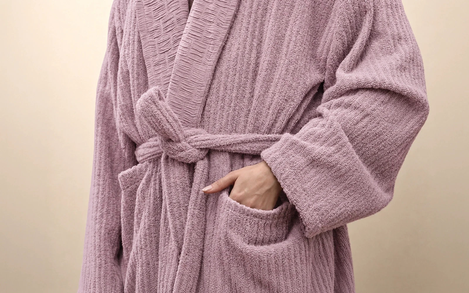 Al Saad Home Unisex Cotton Luxury Crinkle Jacquard Bathrobe Set 6 PCS - Off White & Pink