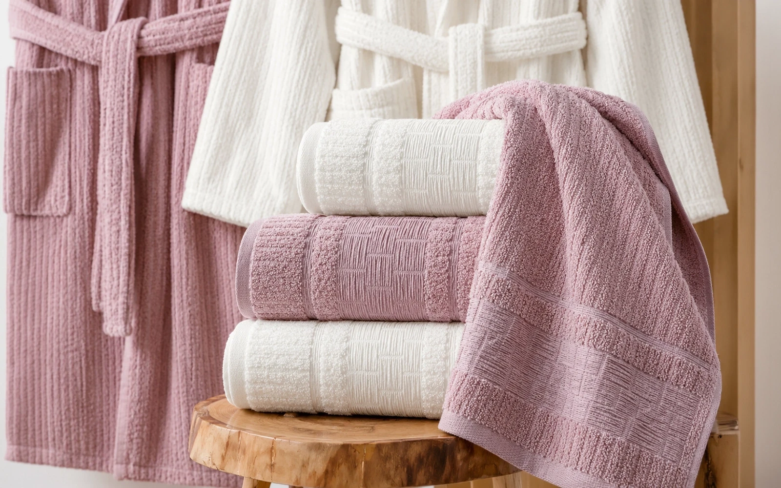 Al Saad Home Unisex Cotton Luxury Crinkle Jacquard Bathrobe Set 6 PCS - Off White & Pink