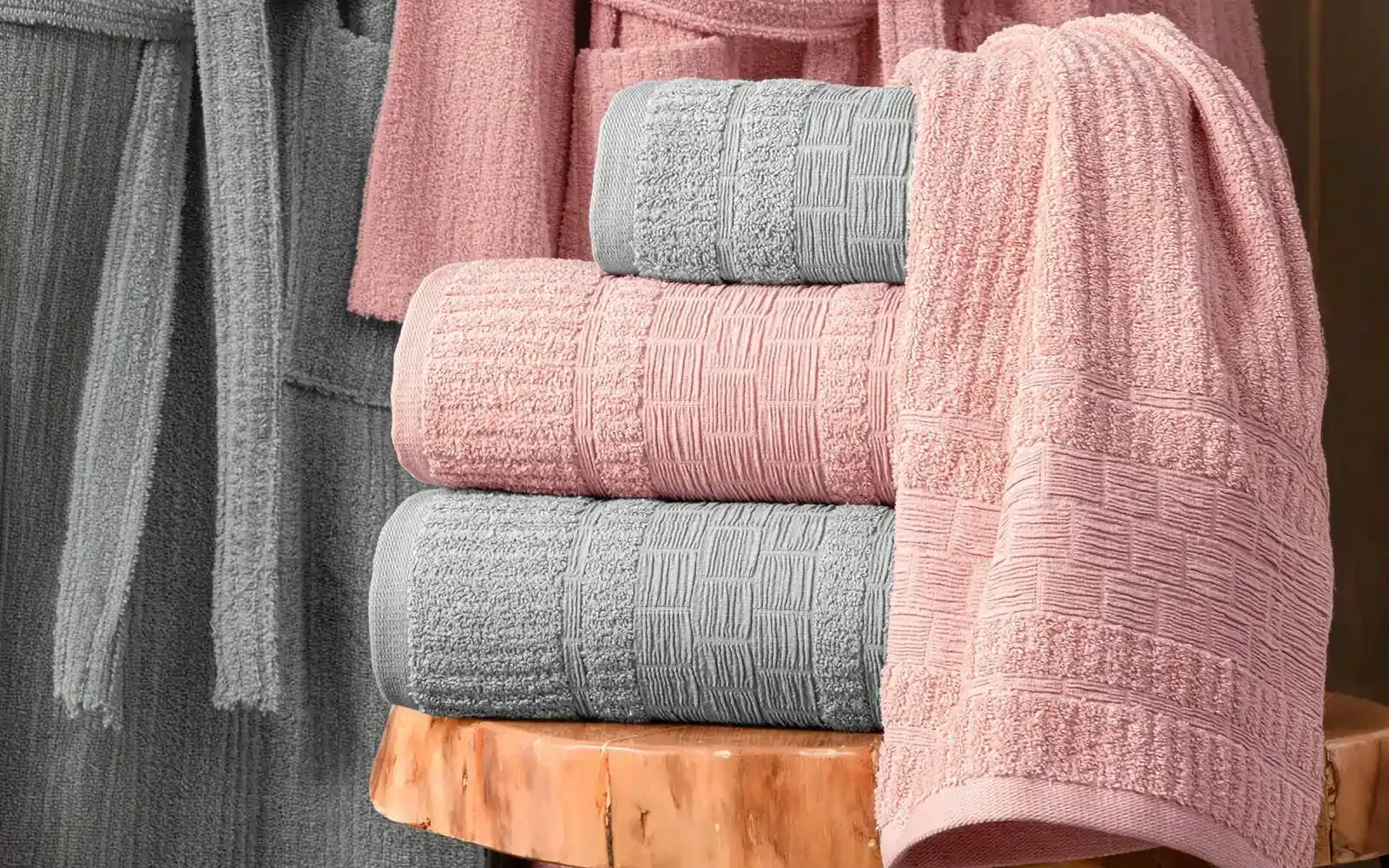 Al Saad Home Cotton Luxury Crinkle Jacquard Bathrobe Set 6 PCS - D.Grey & Pink