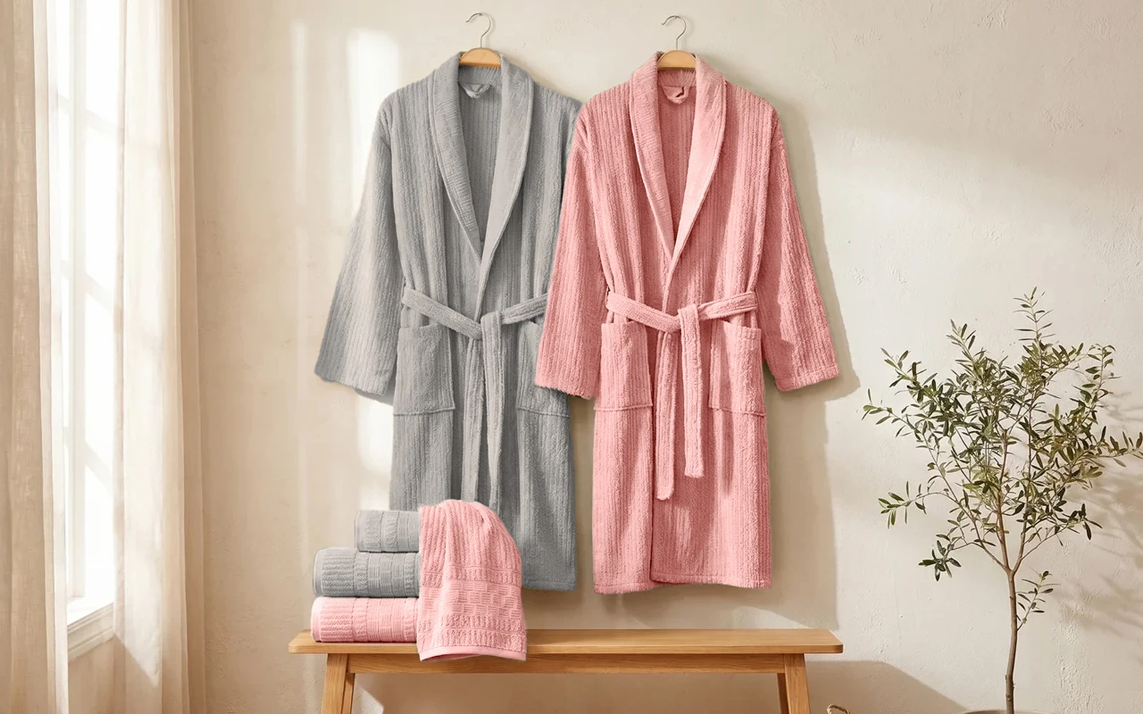 Al Saad Home Unisex Cotton Luxury Crinkle Jacquard Bathrobe Set 6 PCS - Pink & Grey