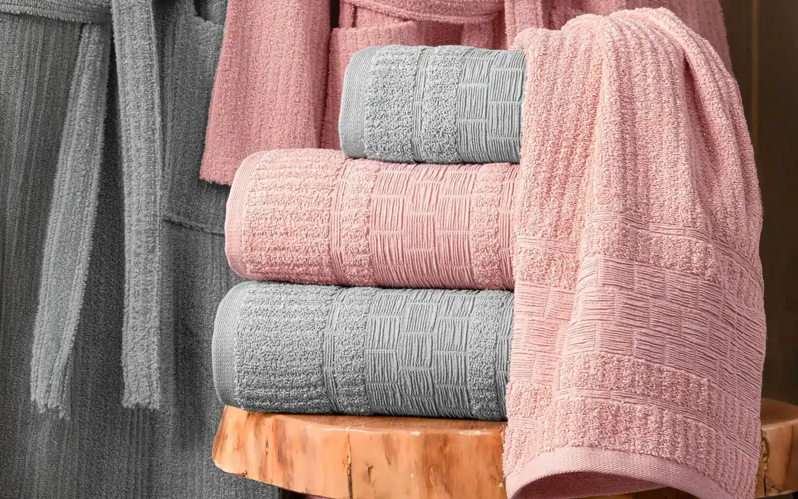 Al Saad Home Unisex Cotton Luxury Crinkle Jacquard Bathrobe Set 6 PCS - Pink & Grey
