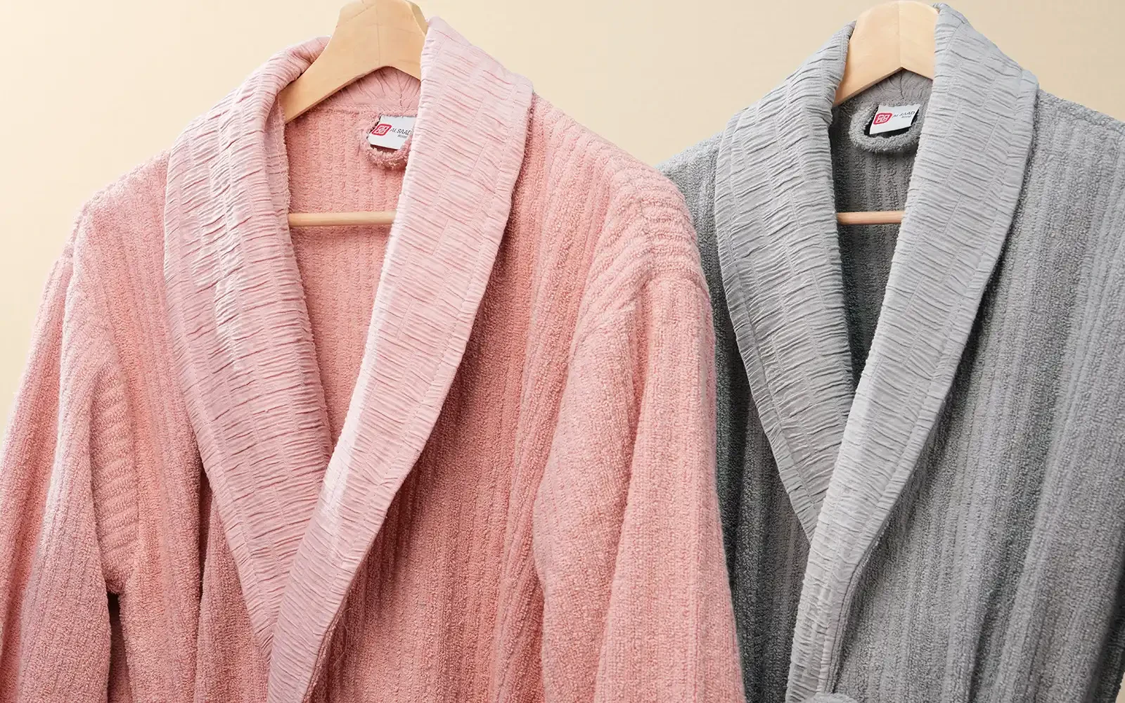 Al Saad Home Unisex Cotton Luxury Crinkle Jacquard Bathrobe Set 6 PCS - Pink & Grey