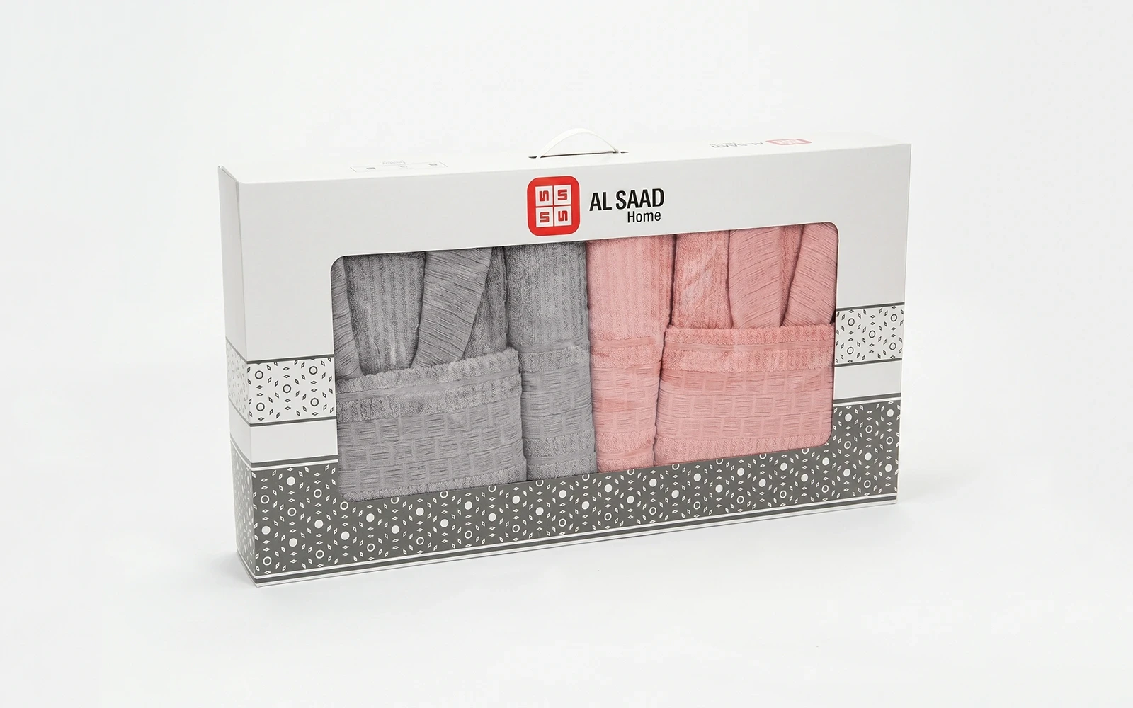 Al Saad Home Unisex Cotton Luxury Crinkle Jacquard Bathrobe Set 6 PCS - Pink & Grey