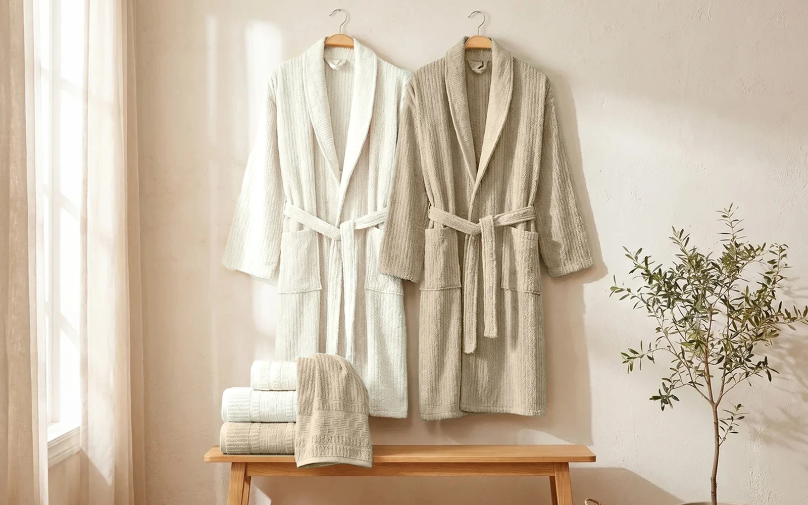 Al Saad Home Unisex Cotton Luxury Crinkle Jacquard Bathrobe Set 6 PCS - Off White & Beige