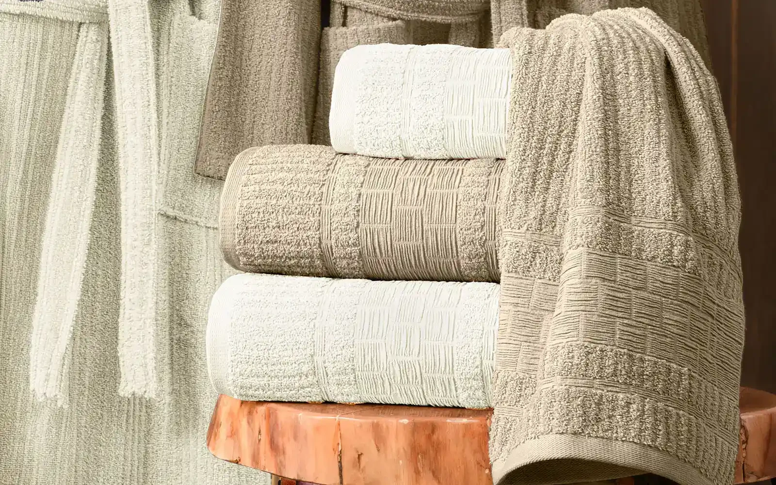 Al Saad Home Unisex Cotton Luxury Crinkle Jacquard Bathrobe Set 6 PCS - Off White & Beige