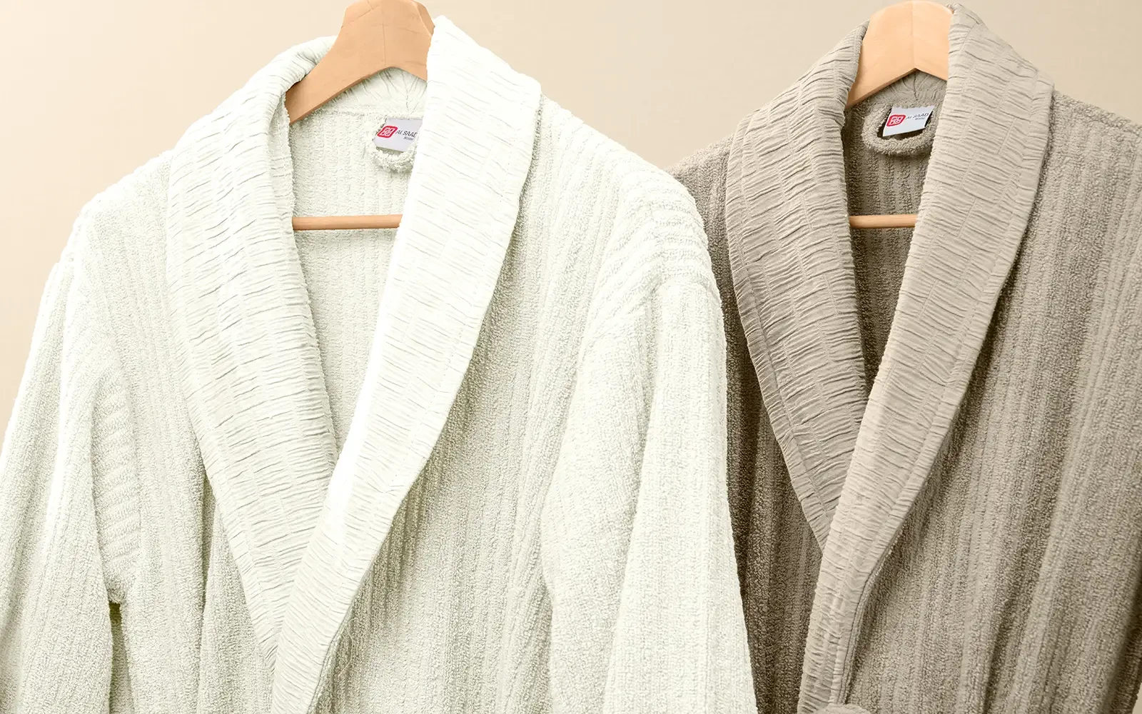 Al Saad Home Unisex Cotton Luxury Crinkle Jacquard Bathrobe Set 6 PCS - Off White & Beige