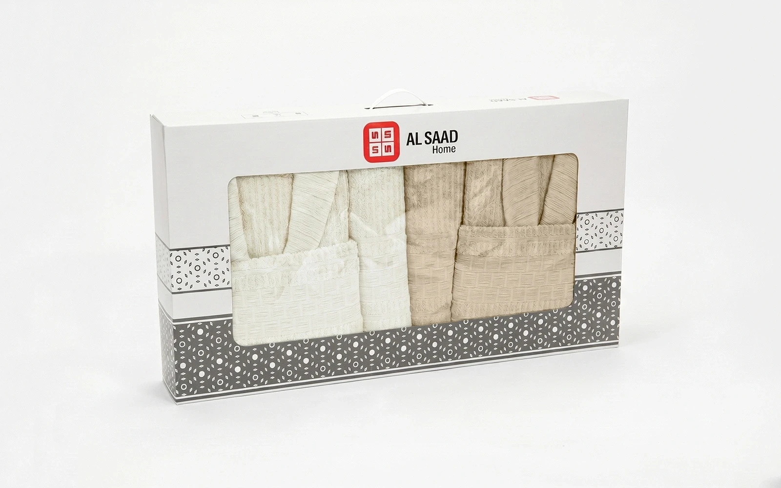 Al Saad Home Unisex Cotton Luxury Crinkle Jacquard Bathrobe Set 6 PCS - Off White & Beige