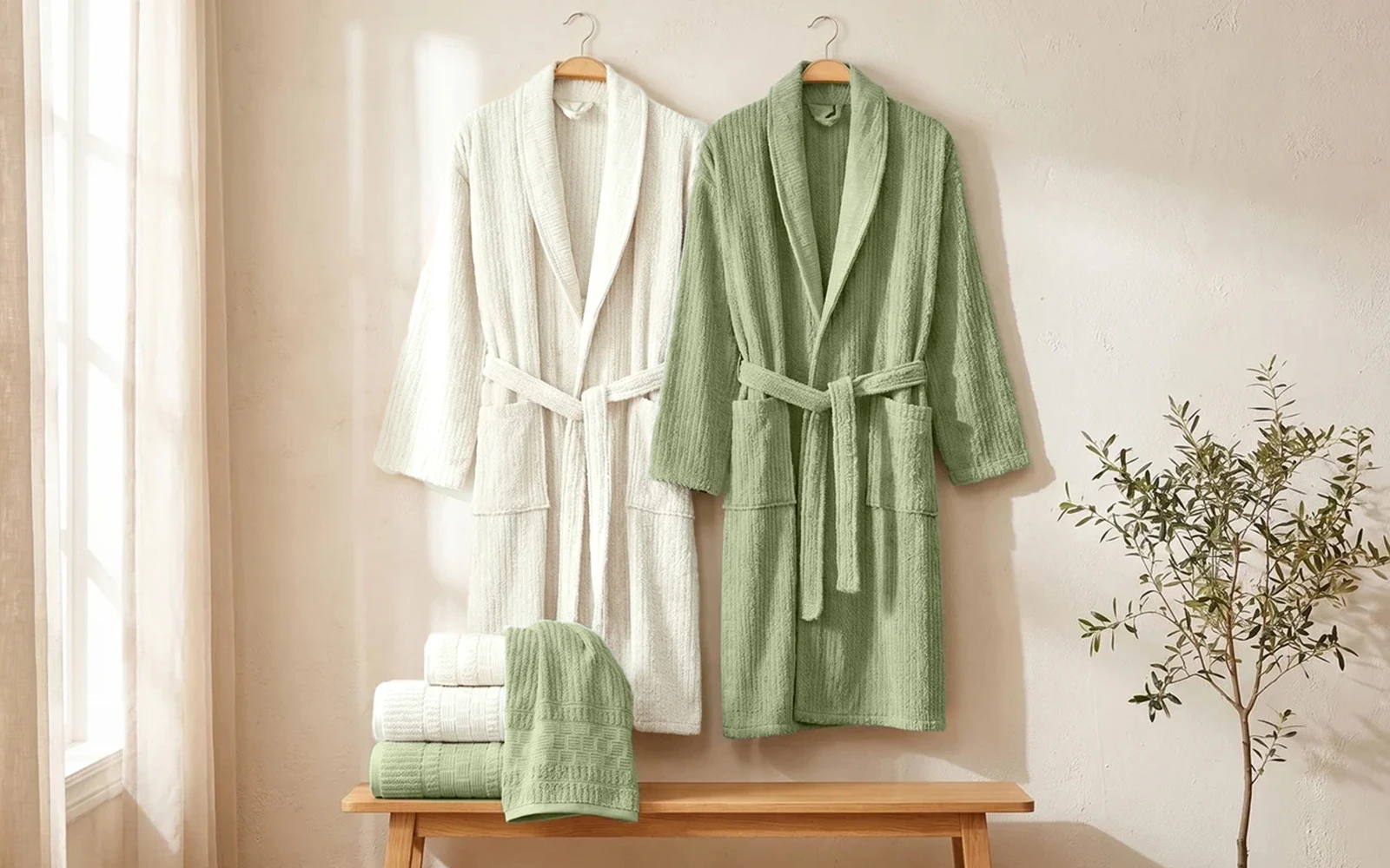 Al Saad Home Unisex Cotton Luxury Crinkle Jacquard Bathrobe Set 6 PCS - Off White & Green