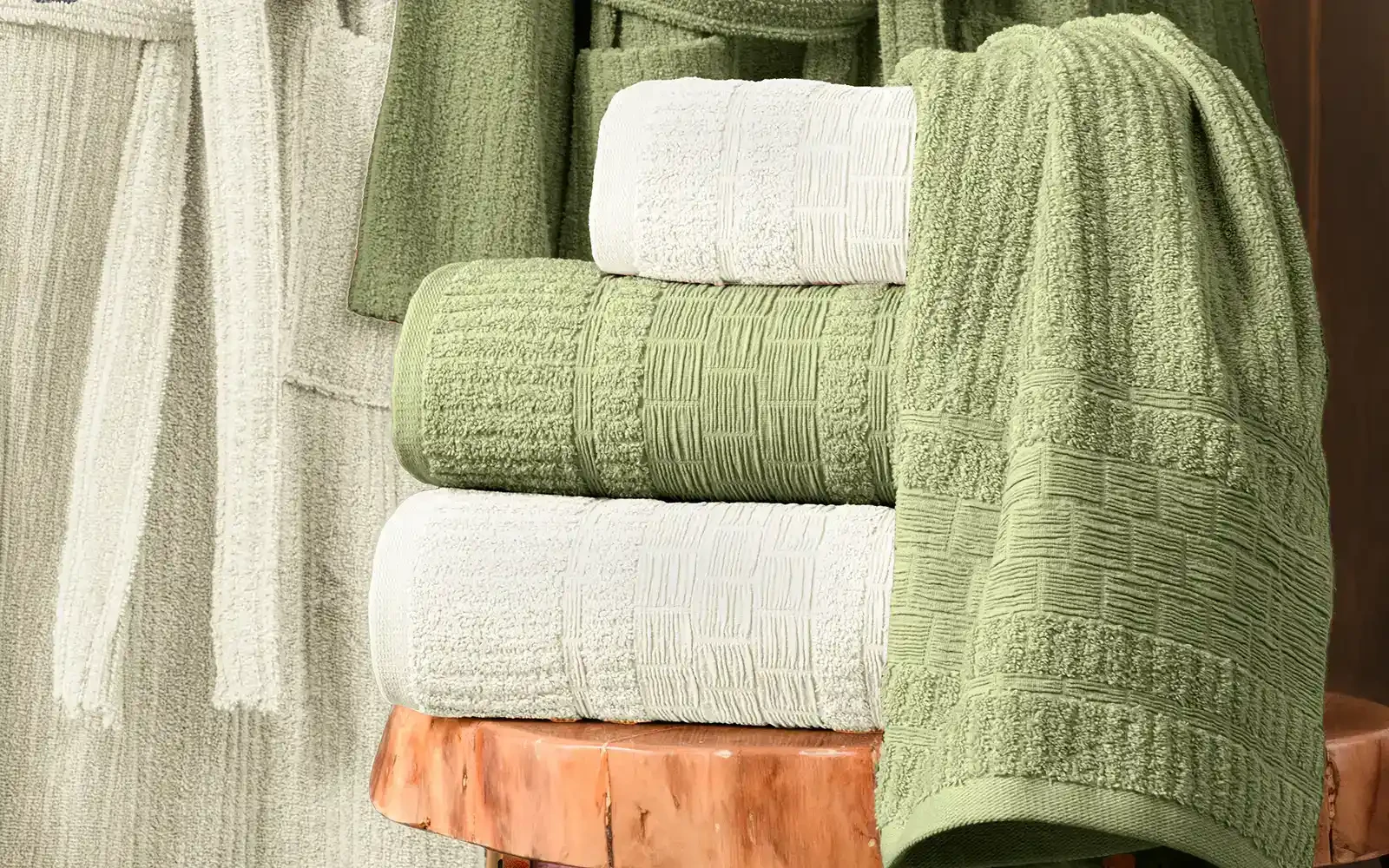 Al Saad Home Unisex Cotton Luxury Crinkle Jacquard Bathrobe Set 6 PCS - Off White & Green