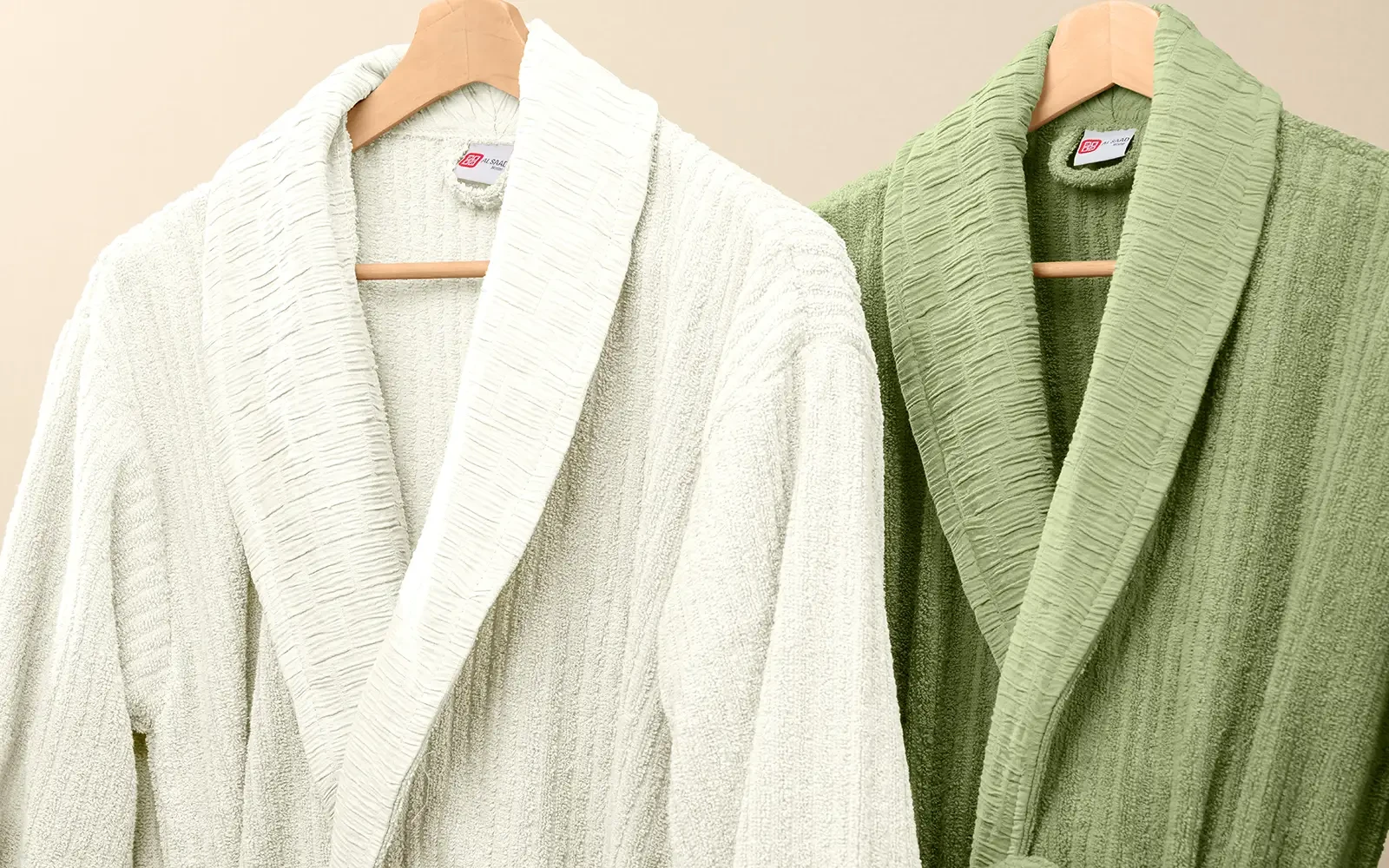 Al Saad Home Unisex Cotton Luxury Crinkle Jacquard Bathrobe Set 6 PCS - Off White & Green