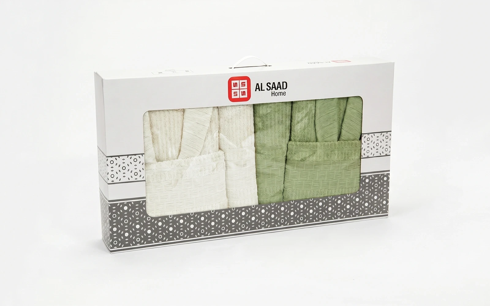 Al Saad Home Unisex Cotton Luxury Crinkle Jacquard Bathrobe Set 6 PCS - Off White & Green