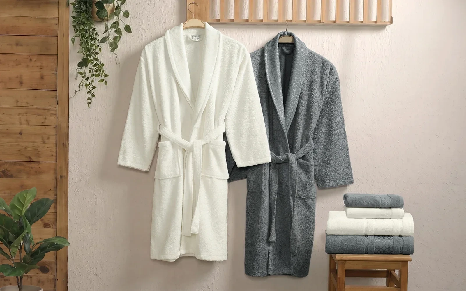 Al Saad Home Cotton Gold Boucle Jacquard Luxury Bathrobe Set 6 PCS - Off White & Grey