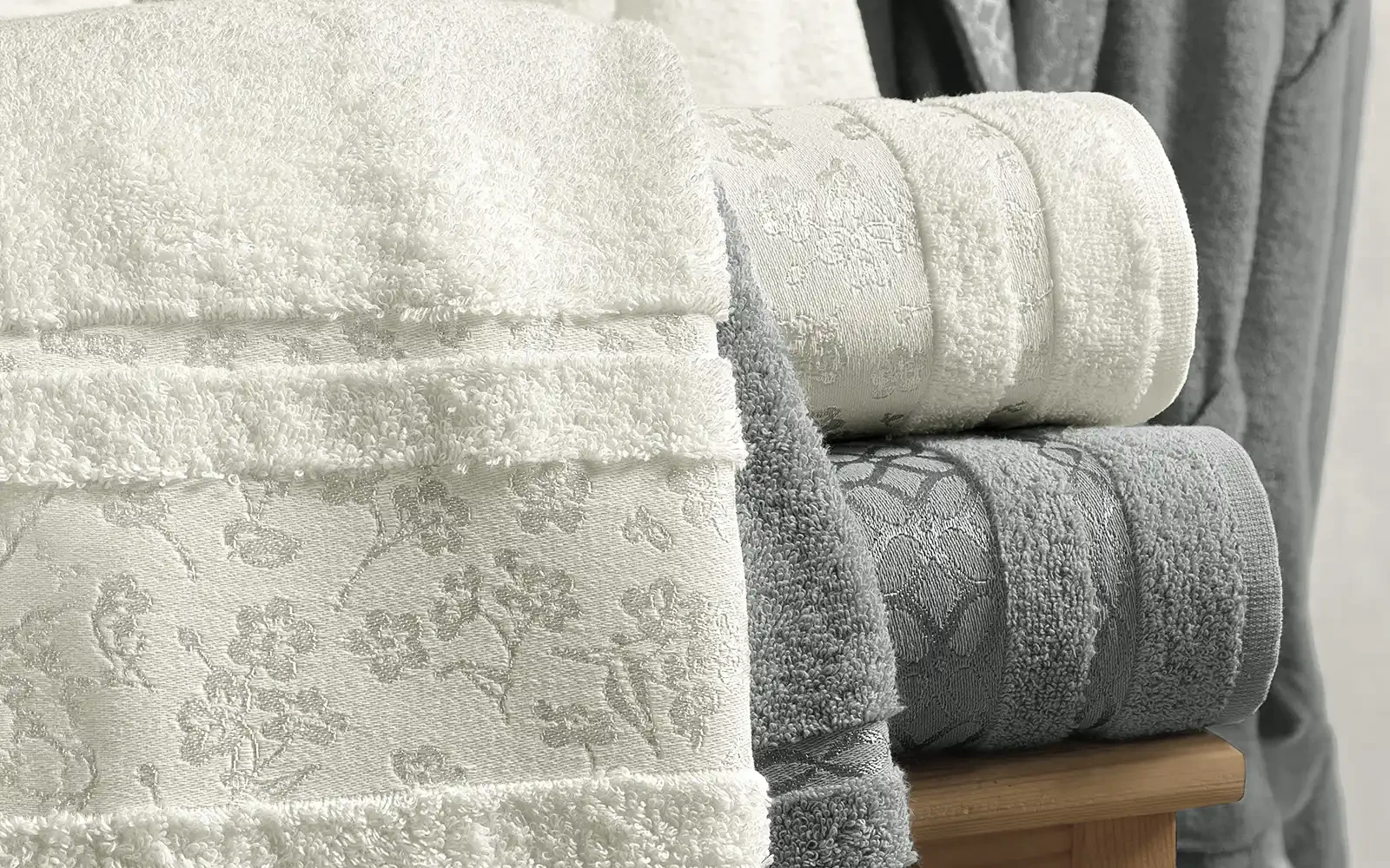 Al Saad Home Cotton Gold Boucle Jacquard Luxury Bathrobe Set 6 PCS - Off White & Grey