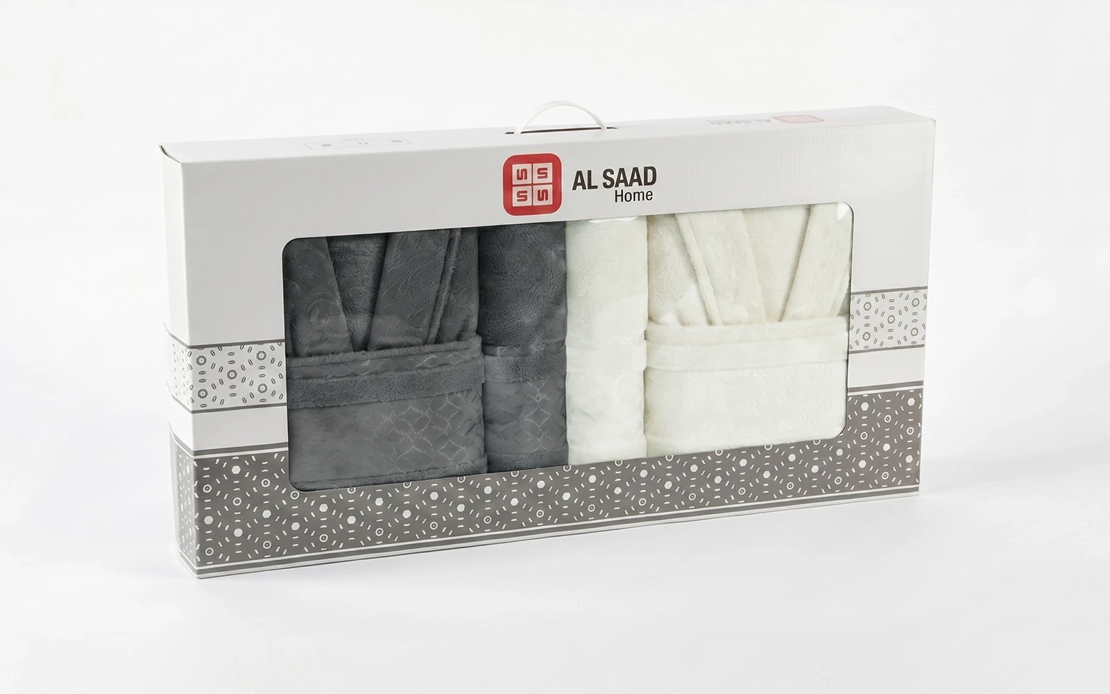 Al Saad Home Unisex Cotton Gold Boucle Jacquard Luxury Bathrobe Set 6 PCS - Off White & Grey