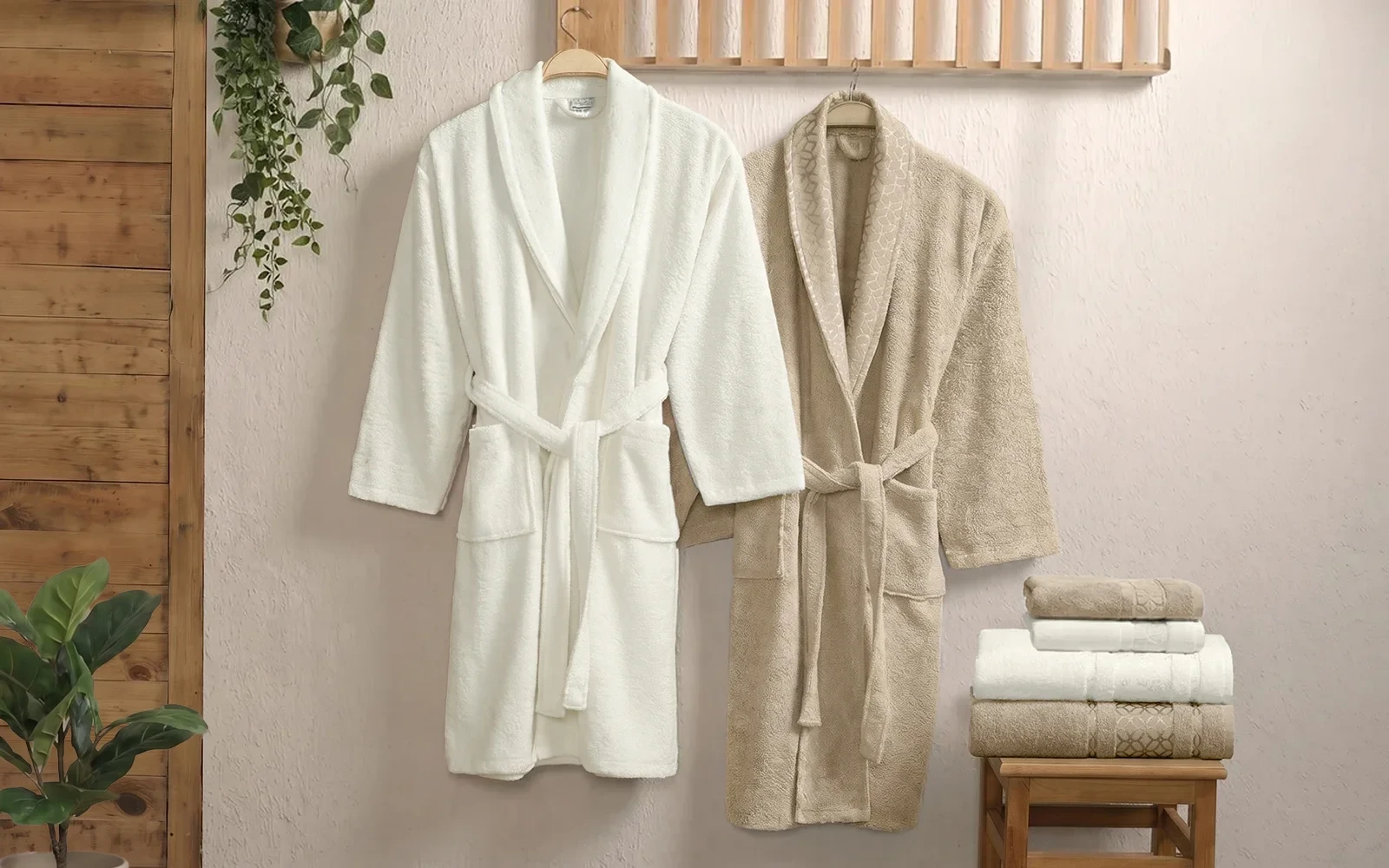 Al Saad Home Cotton Gold Boucle Jacquard Luxury Bathrobe Set 6 PCS - Off White & Beige