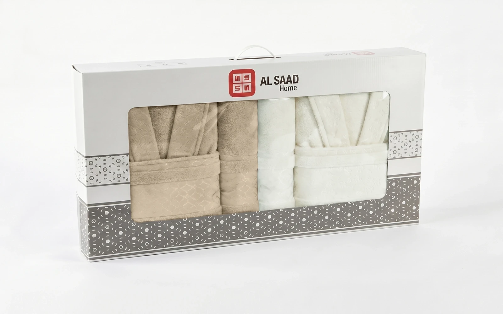 Al Saad Home Unisex Cotton Gold Boucle Jacquard Luxury Bathrobe Set 6 PCS - Off White & Beige