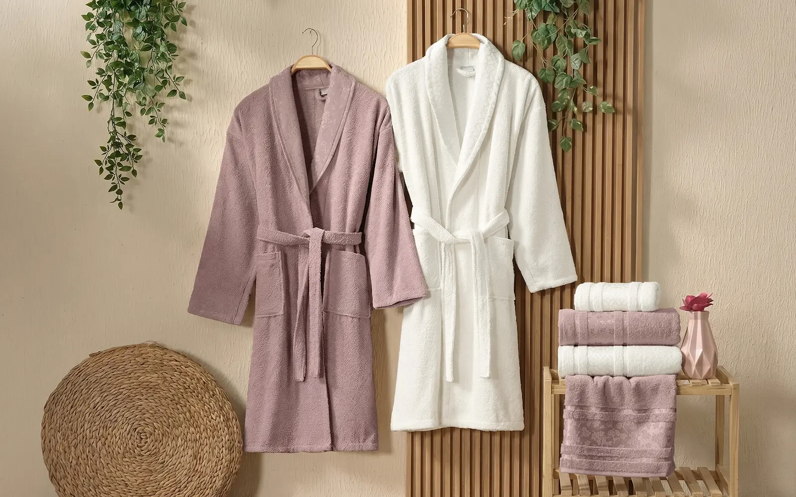 Al Saad Home Cotton Gold Boucle Jacquard Luxury Bathrobe Set 6 PCS - Off White & D.Pink