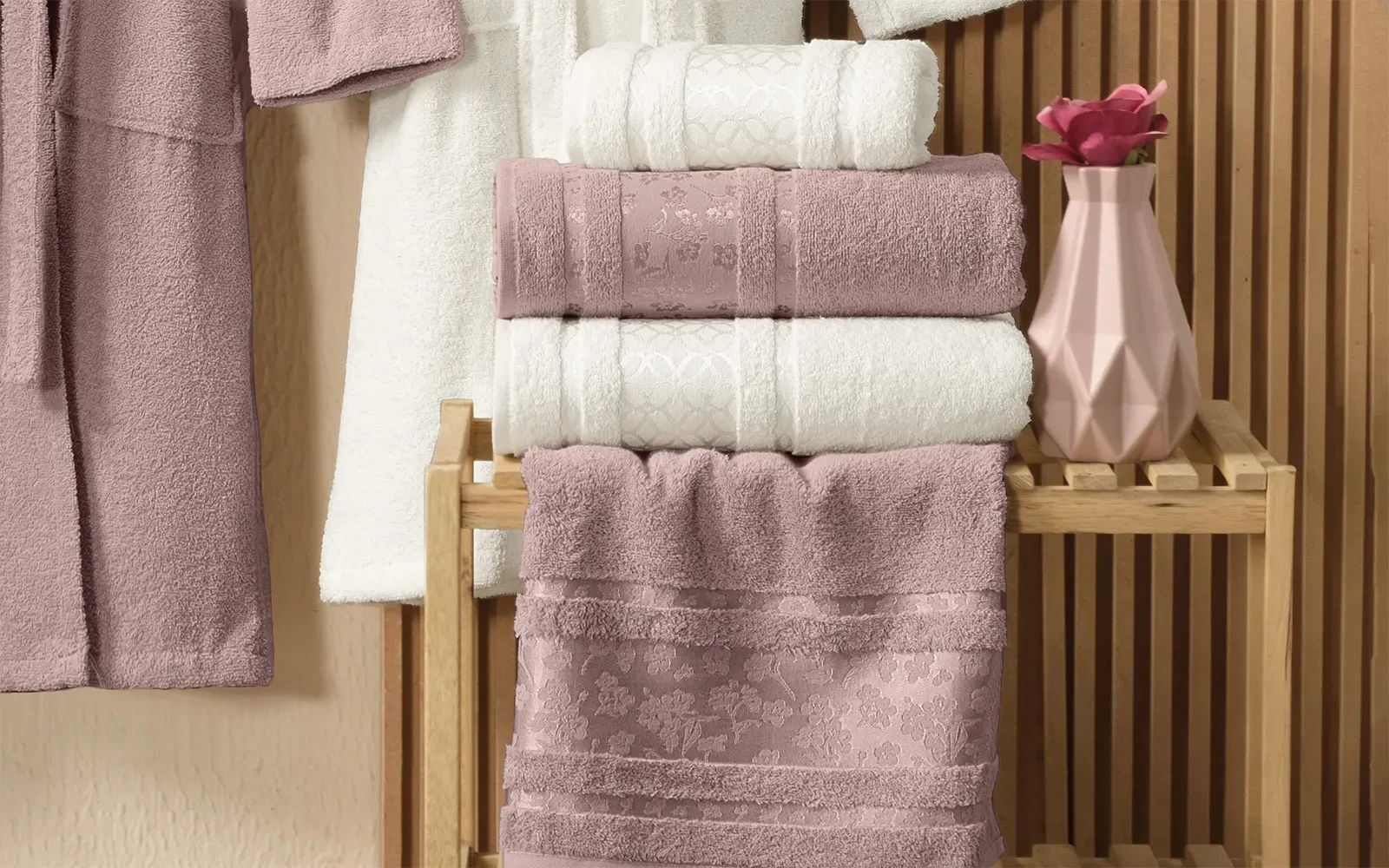 Al Saad Home Cotton Gold Boucle Jacquard Luxury Bathrobe Set 6 PCS - Off White & D.Pink