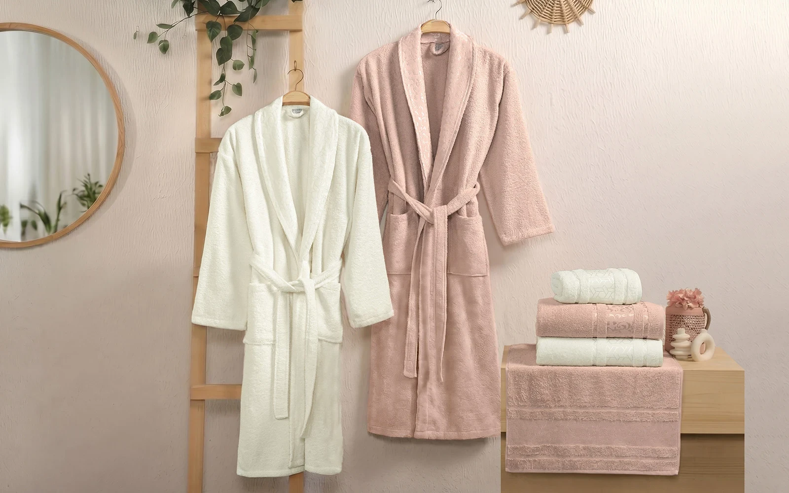 Al Saad Home Cotton Gold Boucle Jacquard Luxury Bathrobe Set 6 PCS - Off White & Peach