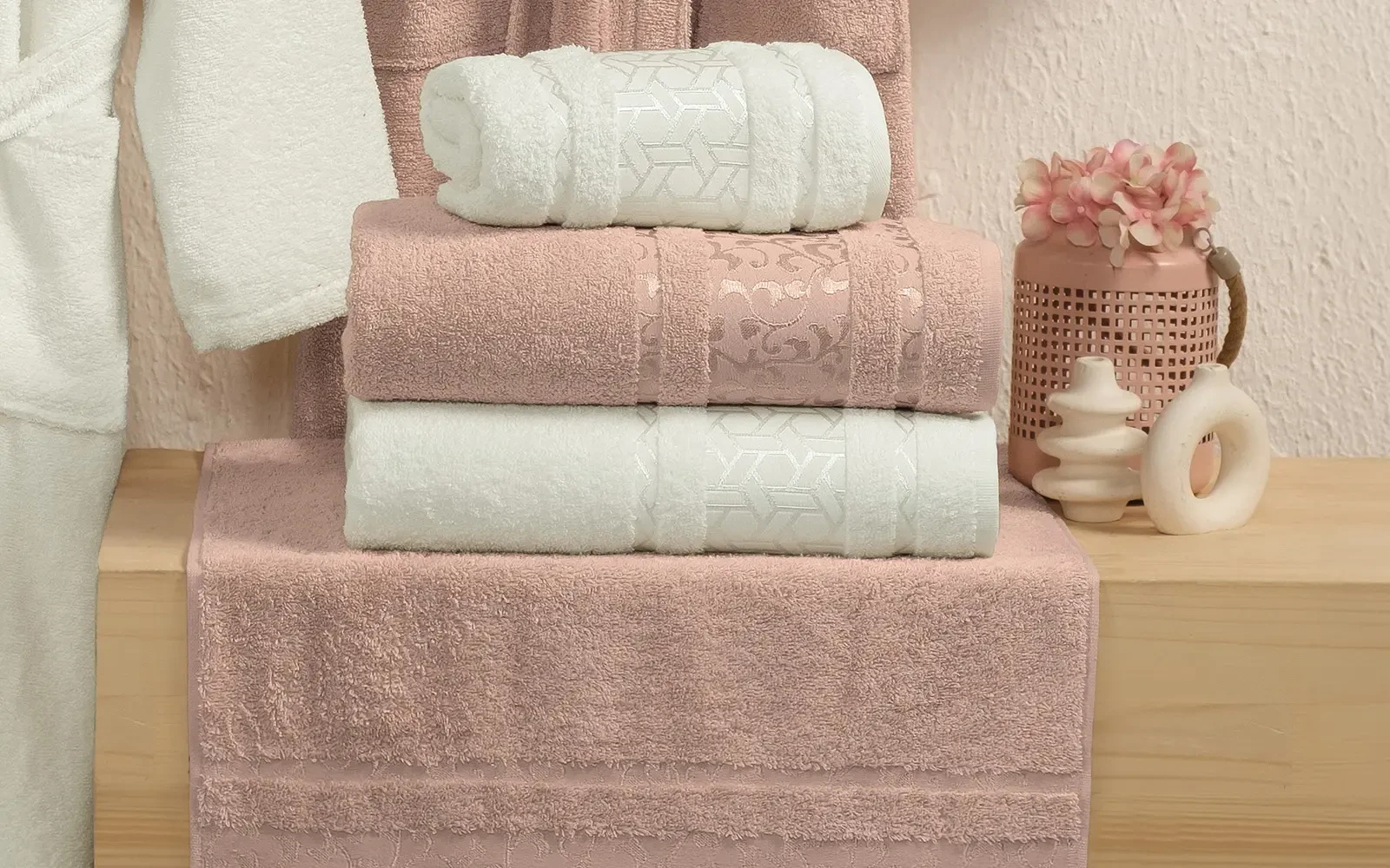 Al Saad Home Cotton Gold Boucle Jacquard Luxury Bathrobe Set 6 PCS - Off White & Peach