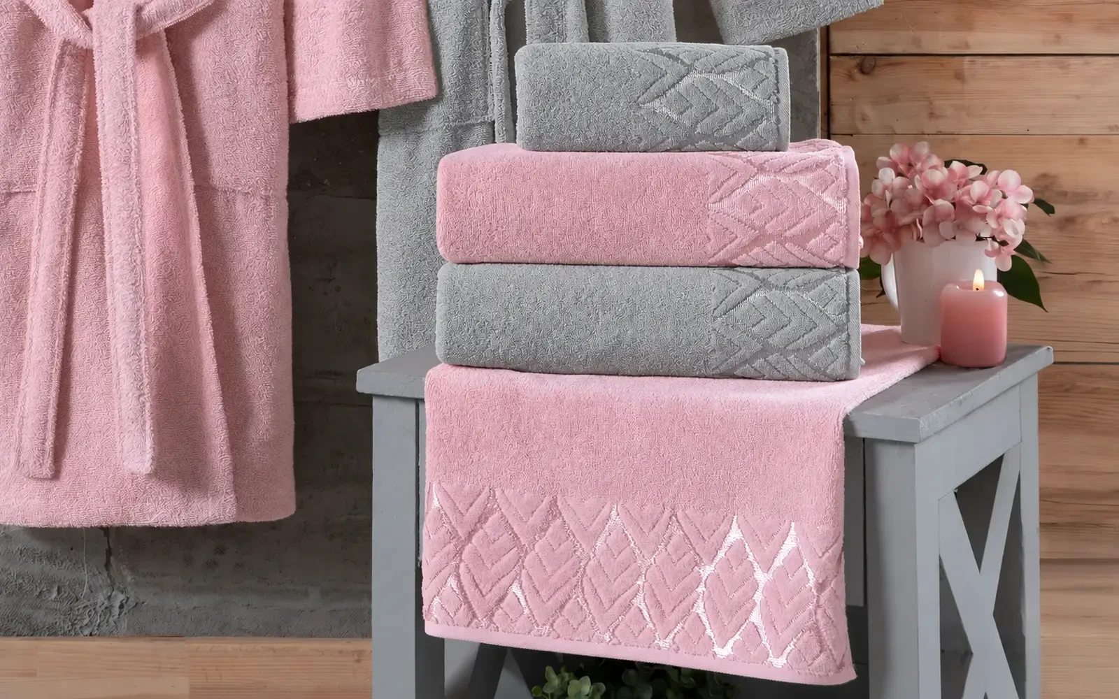 Al Saad Home Unisex Cotton Elite Velvet Jacquard Luxury Bathrobe Set 6 PCS - Grey & Pink