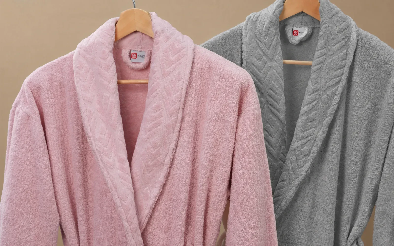 Al Saad Home Unisex Cotton Elite Velvet Jacquard Luxury Bathrobe Set 6 PCS - Grey & Pink