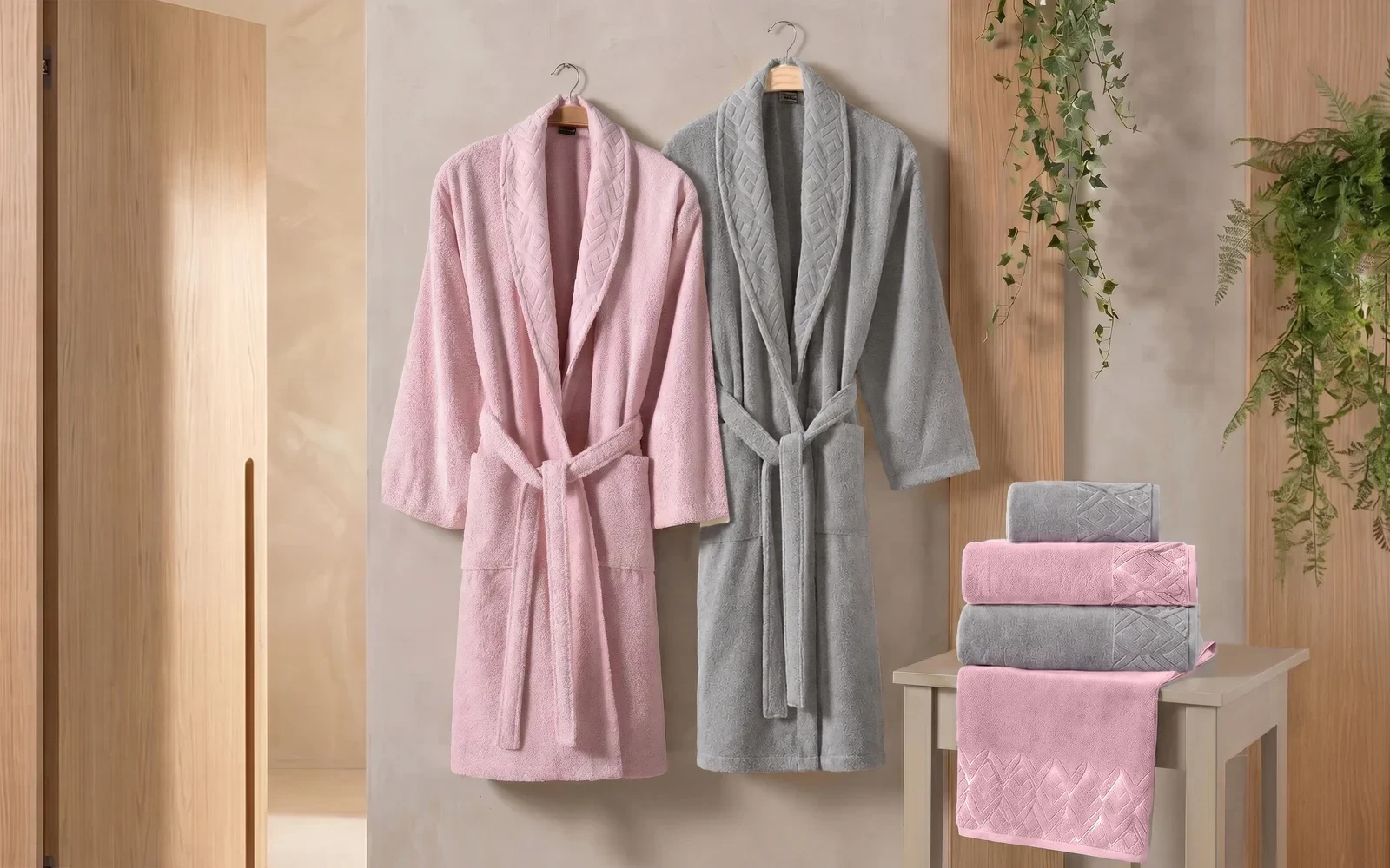 Al Saad Home Unisex Cotton Elite Velvet Jacquard Luxury Bathrobe Set 6 PCS - Grey & Pink