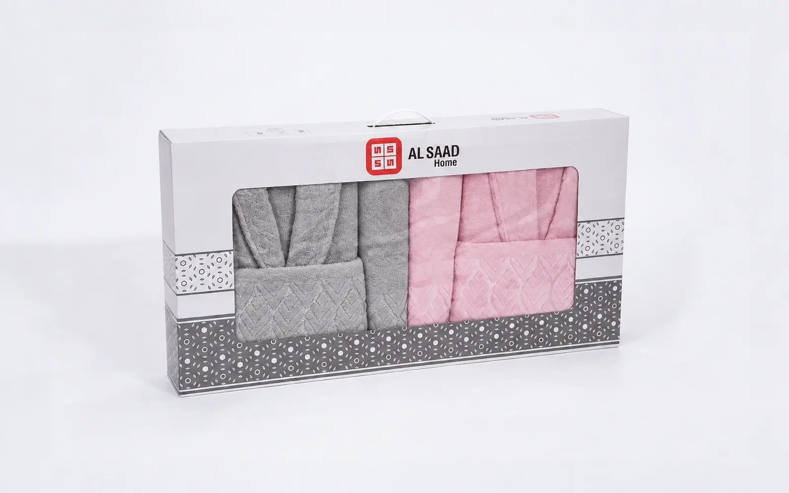 Al Saad Home Unisex Cotton Elite Velvet Jacquard Luxury Bathrobe Set 6 PCS - Grey & Pink
