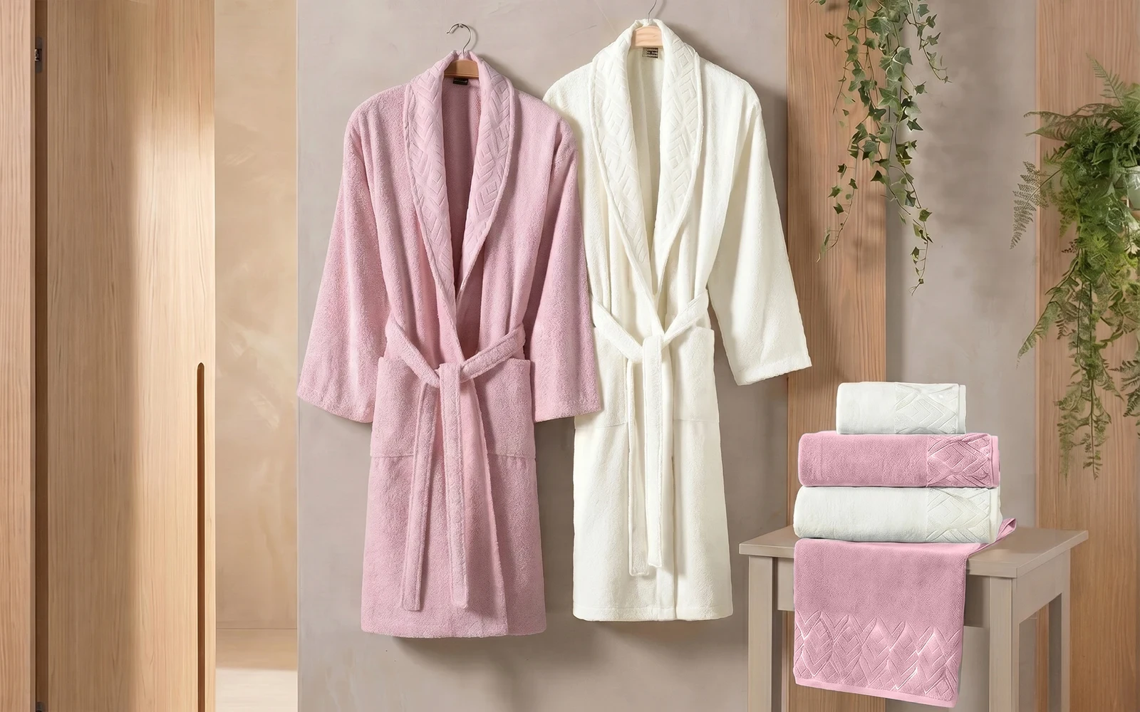 Al Saad Home Cotton Elite Velvet Jacquard Luxury Bathrobe Set 6 PCS - Off White & Pink