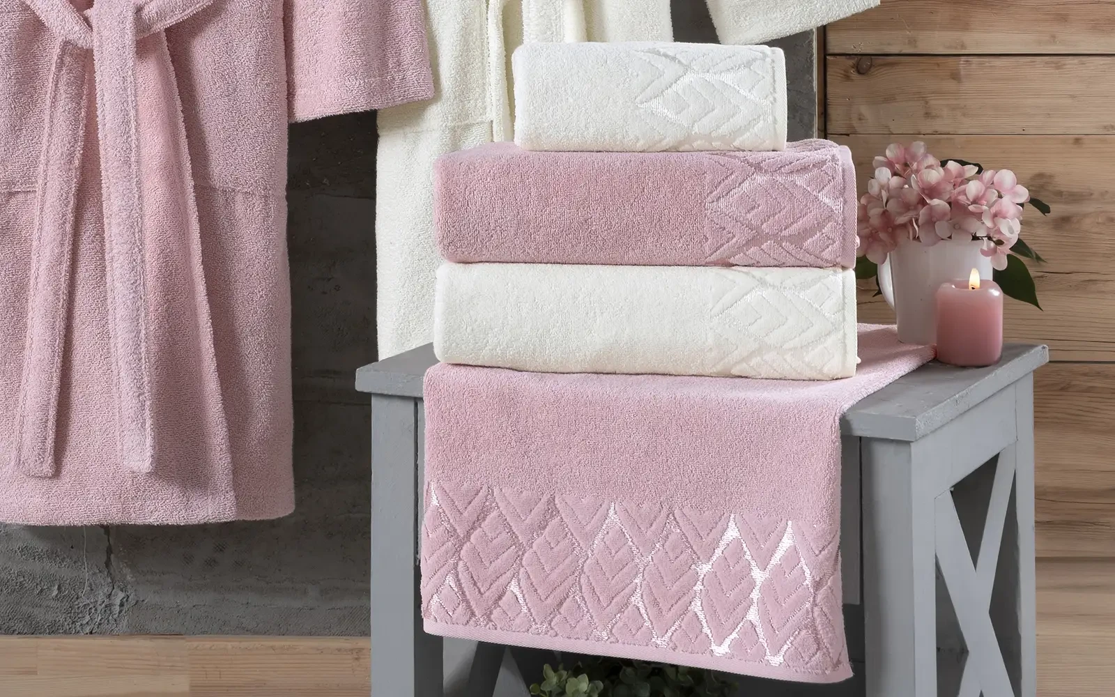Al Saad Home Cotton Elite Velvet Jacquard Luxury Bathrobe Set 6 PCS - Off White & Pink