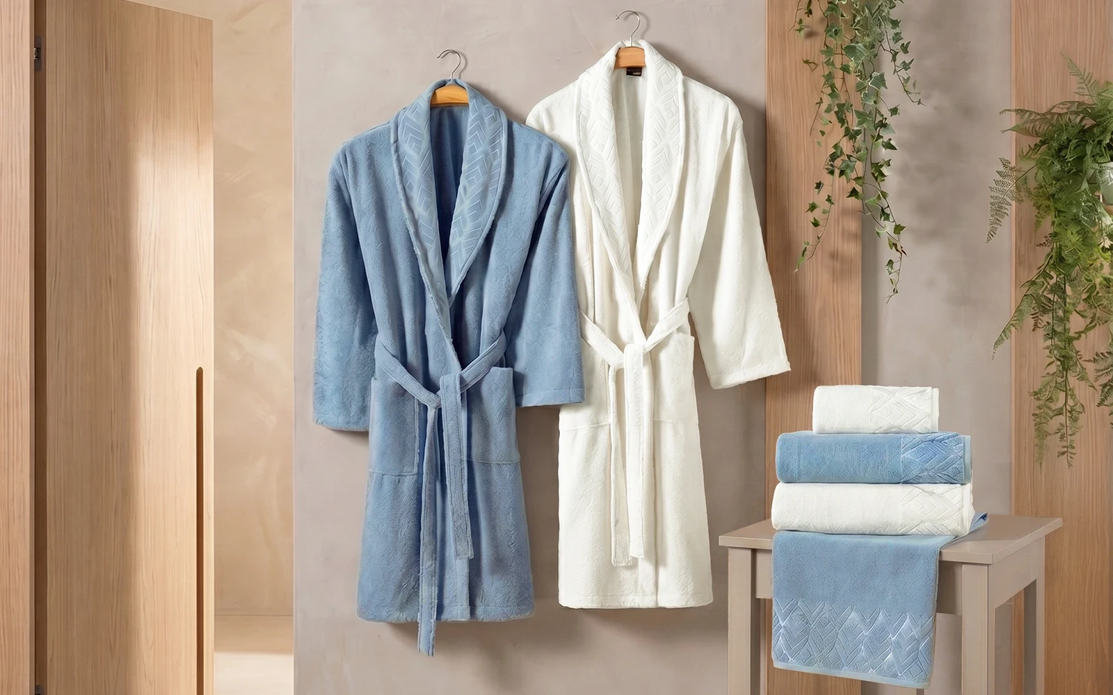 Al Saad Home Cotton Elite Velvet Jacquard Luxury Bathrobe Set 6 PCS - Off White & Blue