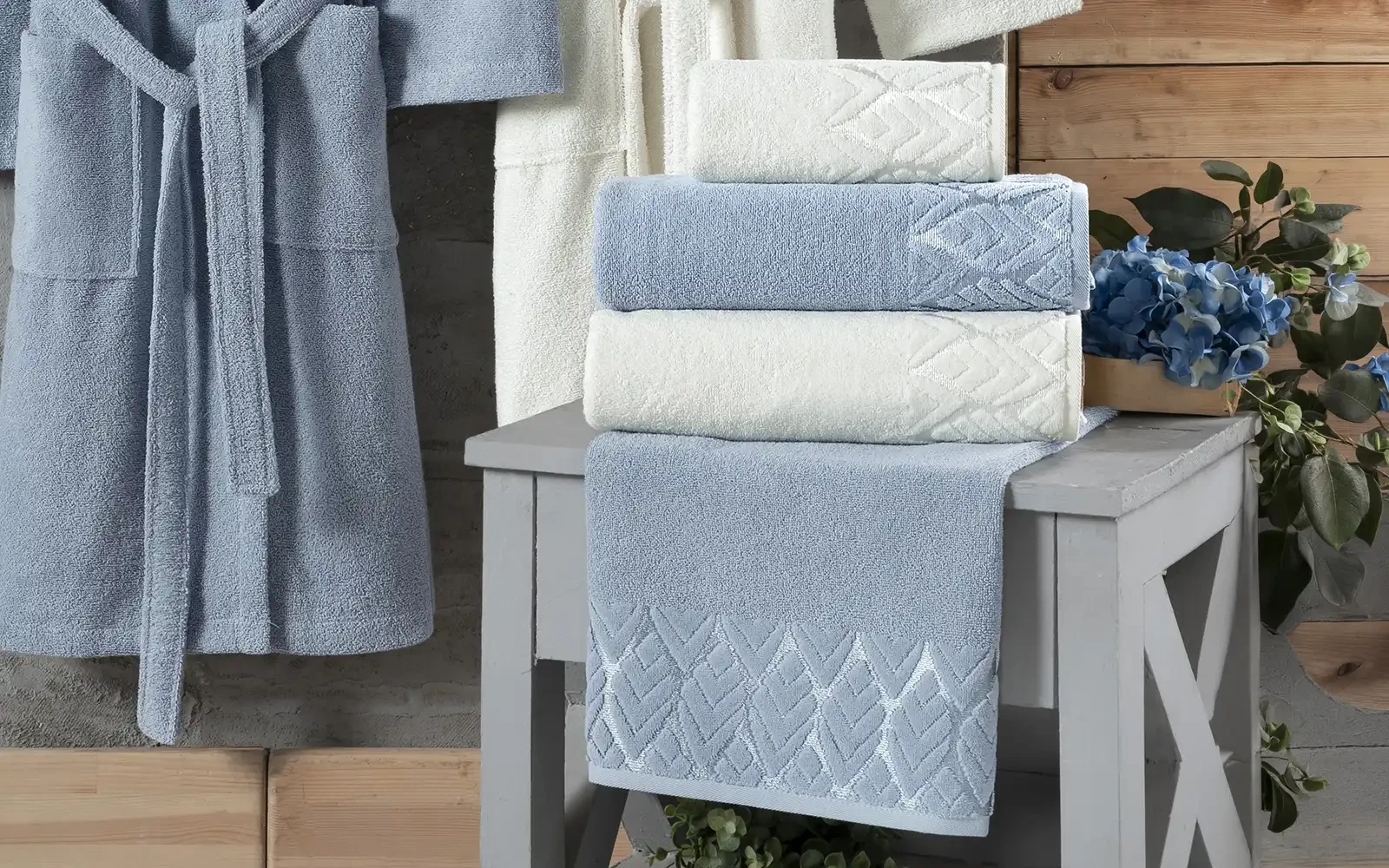 Al Saad Home Cotton Elite Velvet Jacquard Luxury Bathrobe Set 6 PCS - Off White & Blue