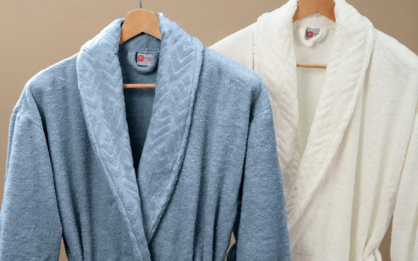 Al Saad Home Unisex Cotton Elite Velvet Jacquard Luxury Bathrobe Set 6 PCS - Off White & Blue