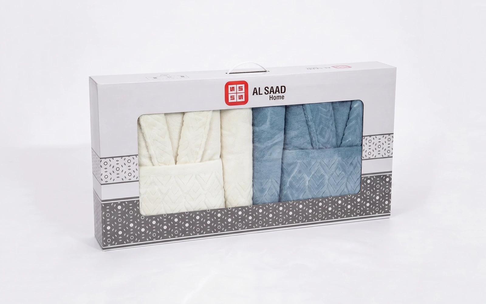 Al Saad Home Unisex Cotton Elite Velvet Jacquard Luxury Bathrobe Set 6 PCS - Off White & Blue