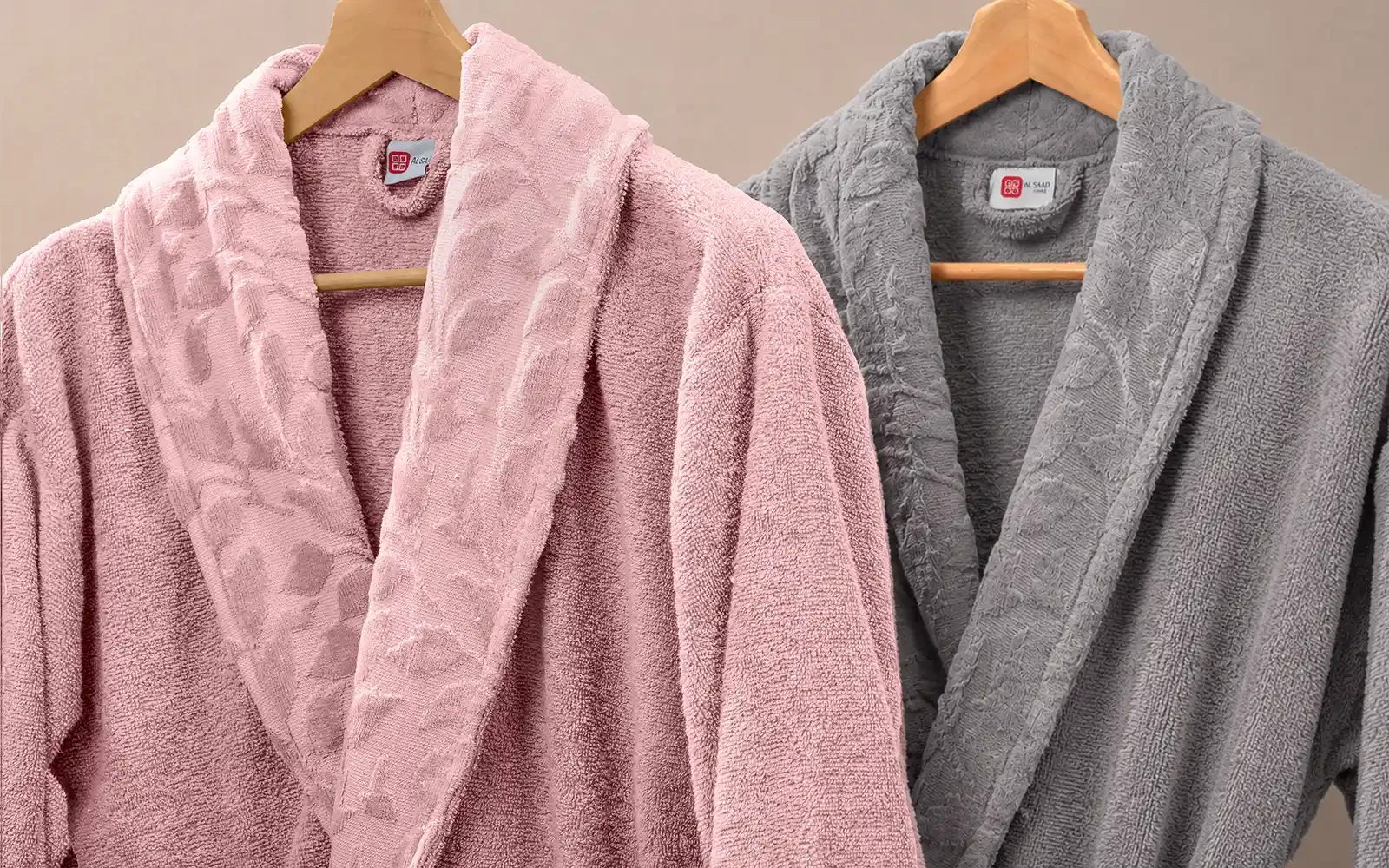 Al Saad Home Unisex Cotton Elite Velvet Jacquard Luxury Bathrobe Set 6 PCS - Grey & Pink