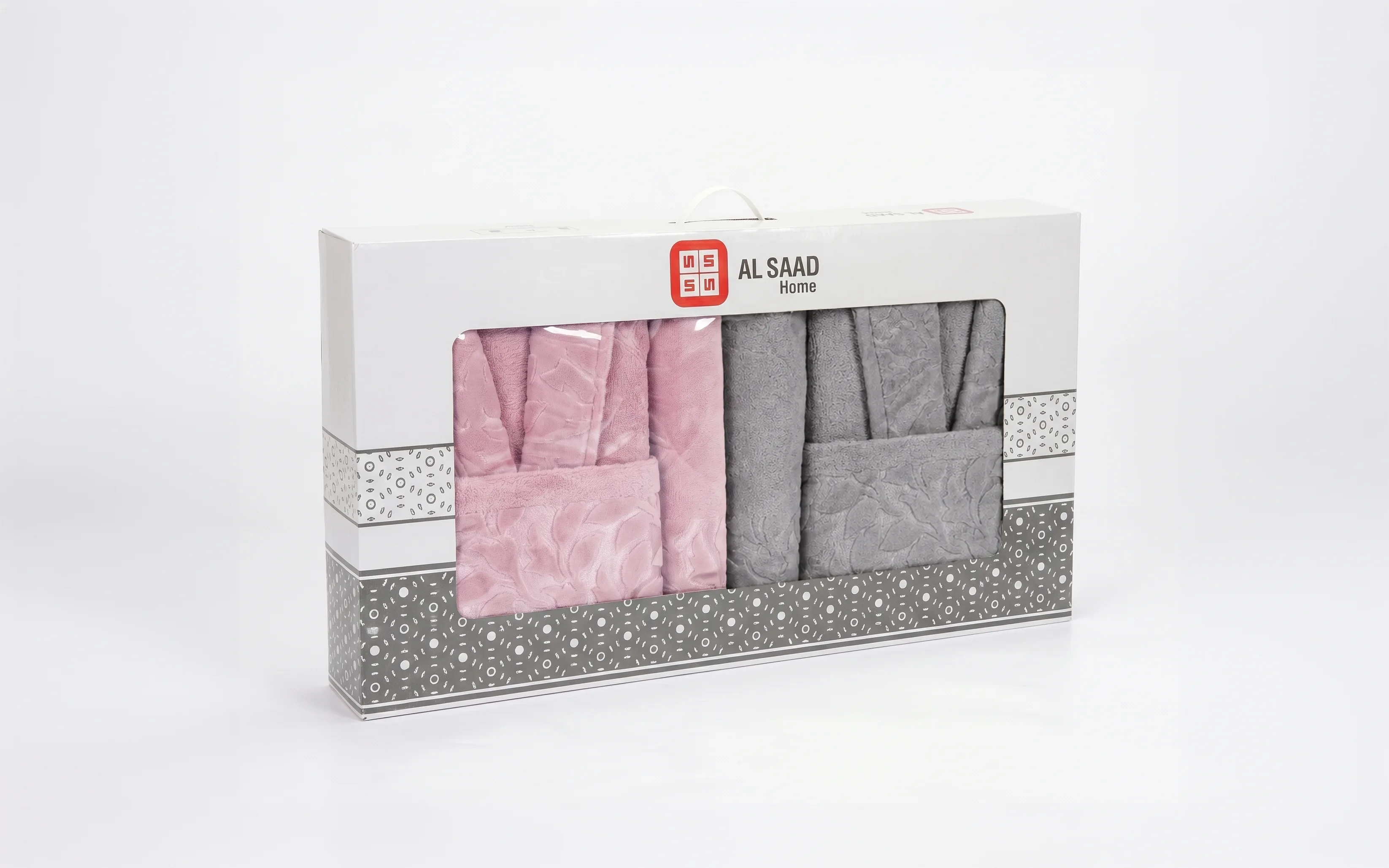 Al Saad Home Unisex Cotton Elite Velvet Jacquard Luxury Bathrobe Set 6 PCS - Grey & Pink