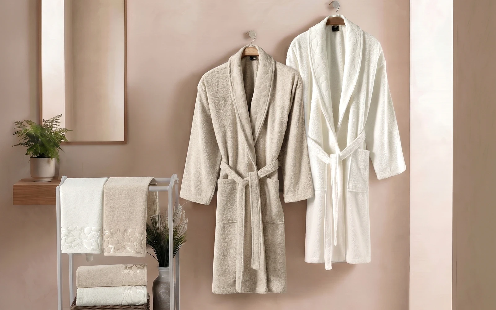 Al Saad Home Unisex Cotton Elite Velvet Jacquard Luxury Bathrobe Set 6 PCS - Off White & Beige