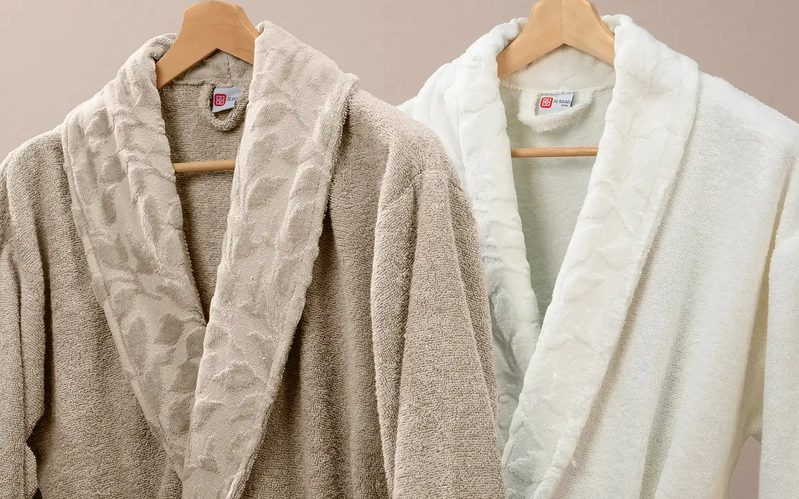 Al Saad Home Unisex Cotton Elite Velvet Jacquard Luxury Bathrobe Set 6 PCS - Off White & Beige