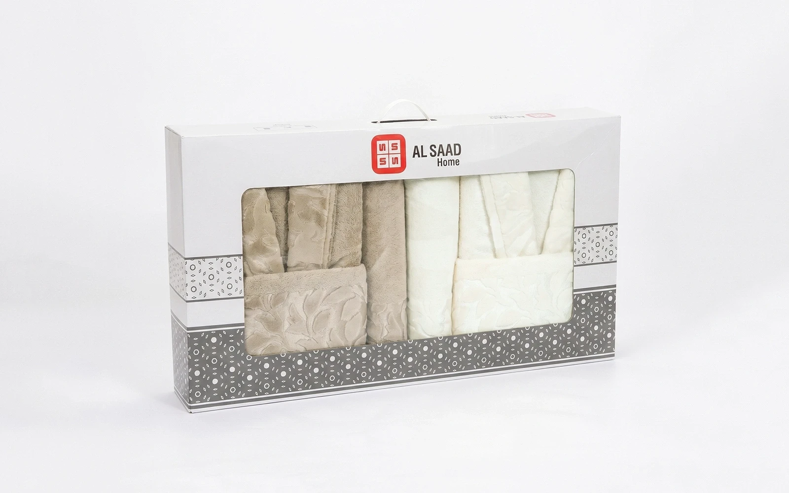 Al Saad Home Unisex Cotton Elite Velvet Jacquard Luxury Bathrobe Set 6 PCS - Off White & Beige