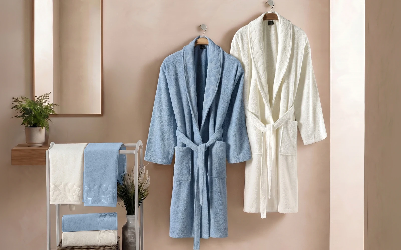 Al Saad Home Unisex Cotton Elite Velvet Jacquard Luxury Bathrobe Set 6 PCS - Off White & Blue