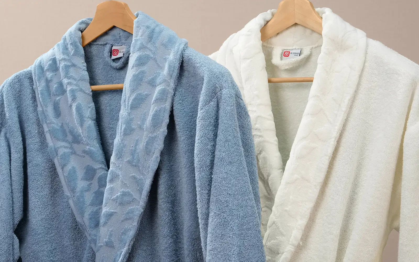 Al Saad Home Unisex Cotton Elite Velvet Jacquard Luxury Bathrobe Set 6 PCS - Off White & Blue
