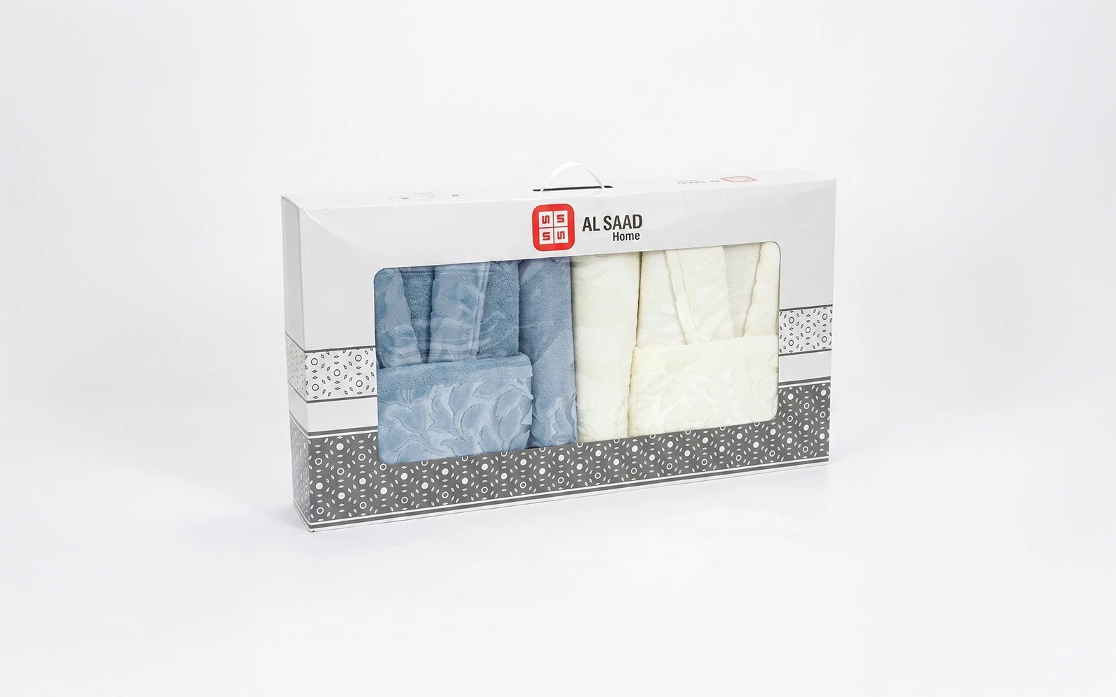 Al Saad Home Unisex Cotton Elite Velvet Jacquard Luxury Bathrobe Set 6 PCS - Off White & Blue