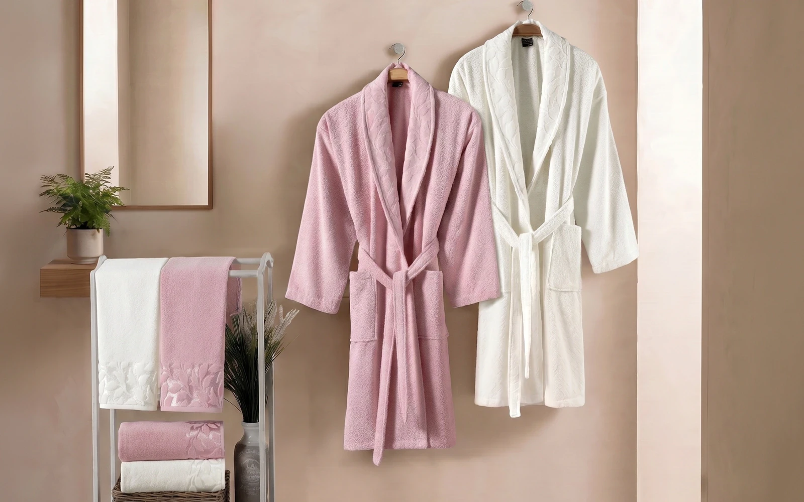 Al Saad Home Unisex Cotton Elite Velvet Jacquard Luxury Bathrobe Set 6 PCS - Off White & Pink