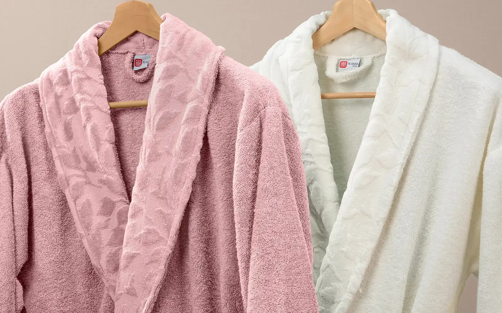 Al Saad Home Unisex Cotton Elite Velvet Jacquard Luxury Bathrobe Set 6 PCS - Off White & Pink